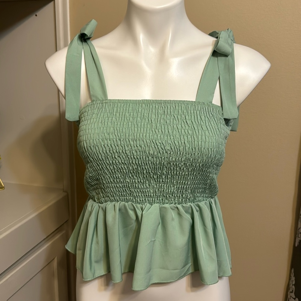 Ruffle, smocked tank top with shoulder ties